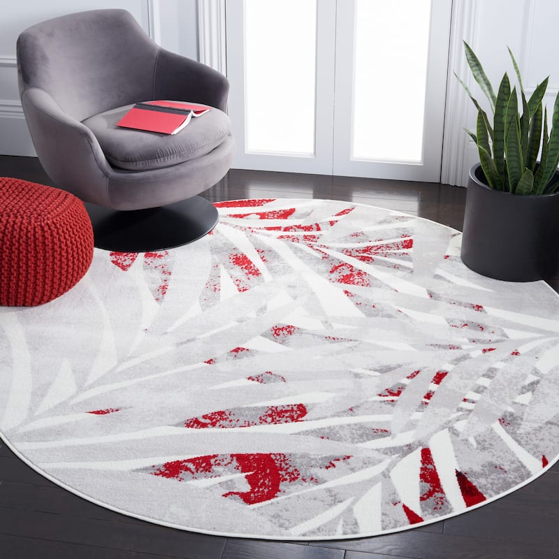 SAFAVIEH Skyler Leanna Distressed Tropical Watercolor Rug - 6'7" Round - Grey/Red