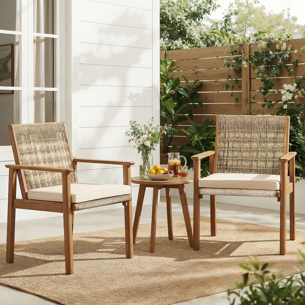 Christopher Knight Home - Outdoor Acacia Wood Dining Arm Chair with Wicker Back and Waterproof Cushions