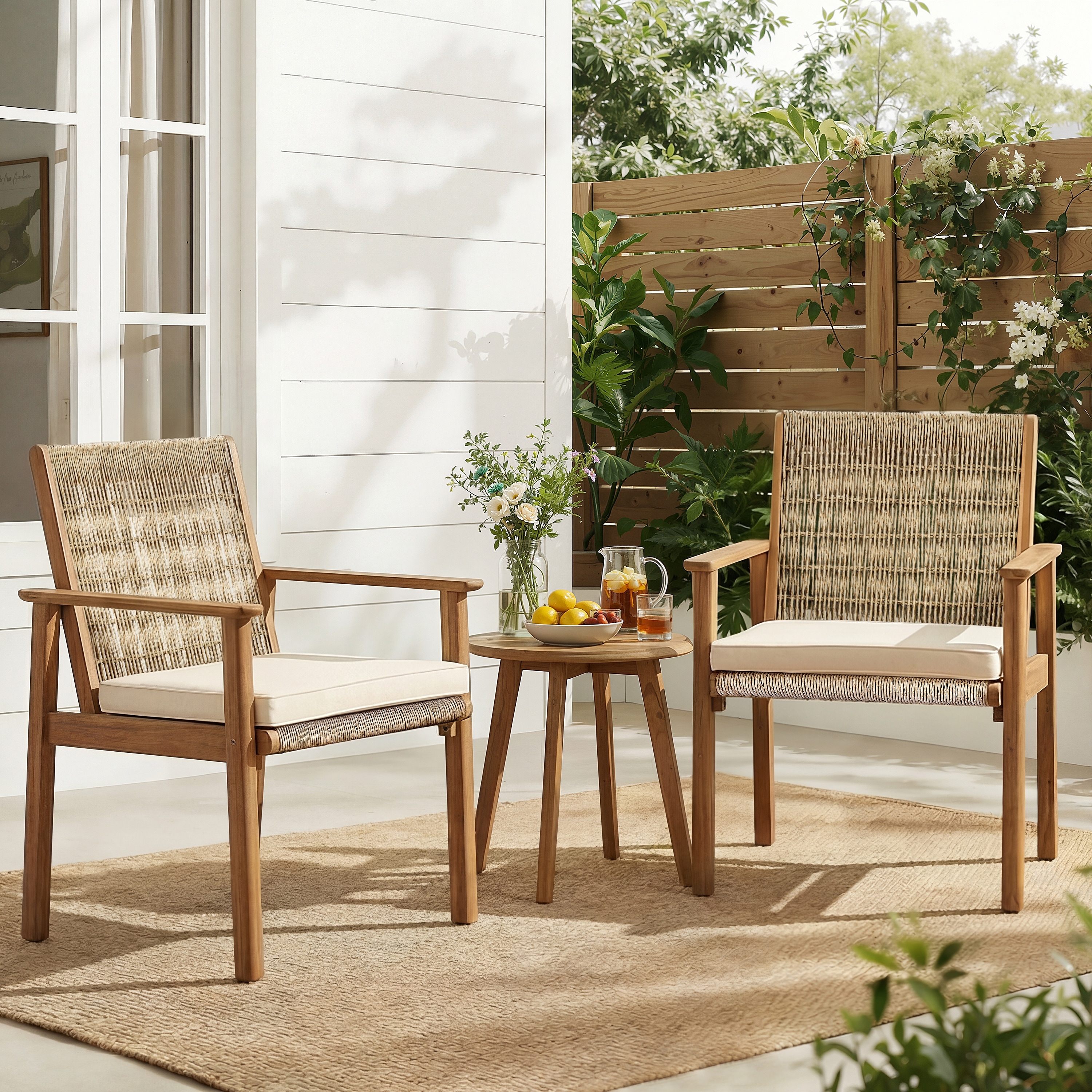 Christopher Knight Home - Outdoor Acacia Wood Dining Arm Chair with Wicker Back and Water-Resistant Cushions
