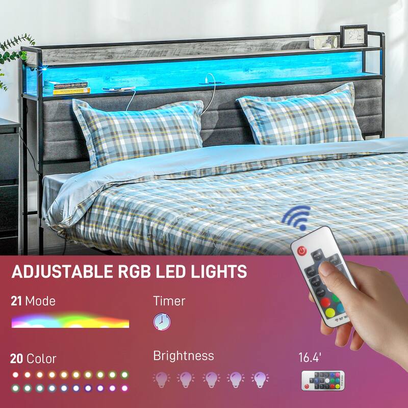 King Size Bed Frame with LED Lights, Charging Station, Upholstered Headboard and Under-Bed Storage, No Box Spring Needed