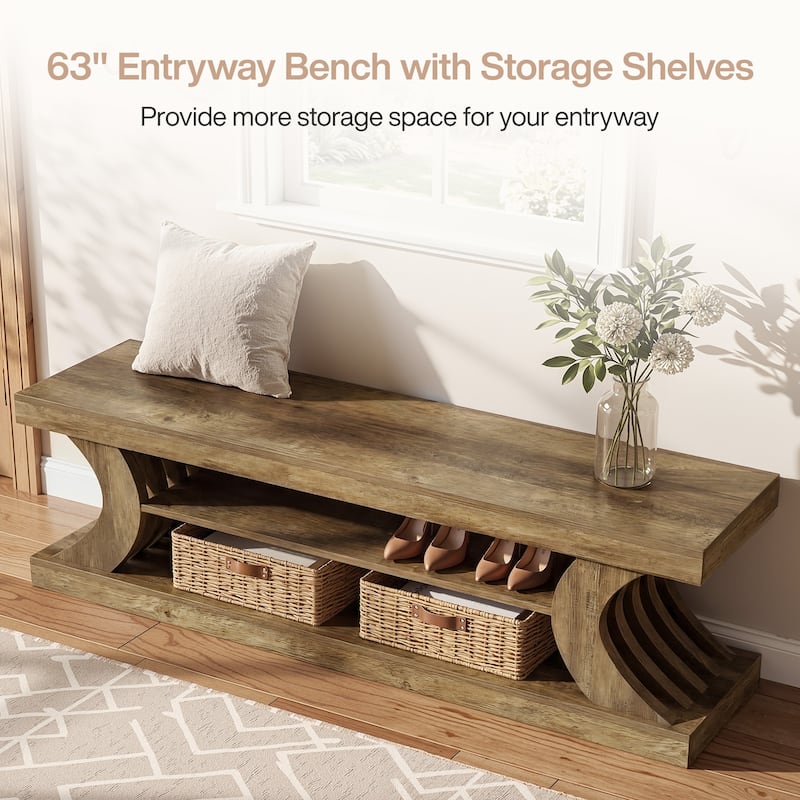 63" Entryway Bench, End of Bed Bench with Open Shelves, Shoe Storage Bench for Bedroom, Foryer, Hallway