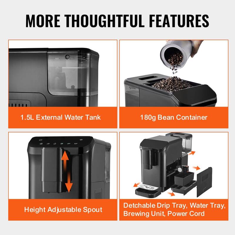 15-Bar Espresso Machine with Built-in Grinder and Auto Cleaning Features - 17.3” x 7.4” x 12.5”