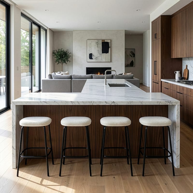 Set of 2 Ayana White Boucle Backless Counter Stool with Black Iron Legs