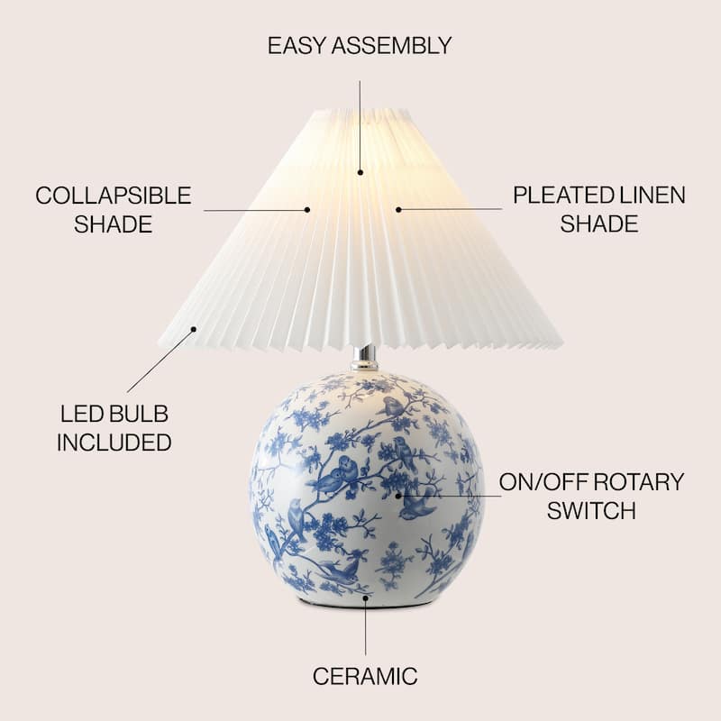 Alessio 19.5" Cottage Classic Chinoiserie Ceramic Orb LED Table Lamp with Pleated Shade, by JONATHAN Y