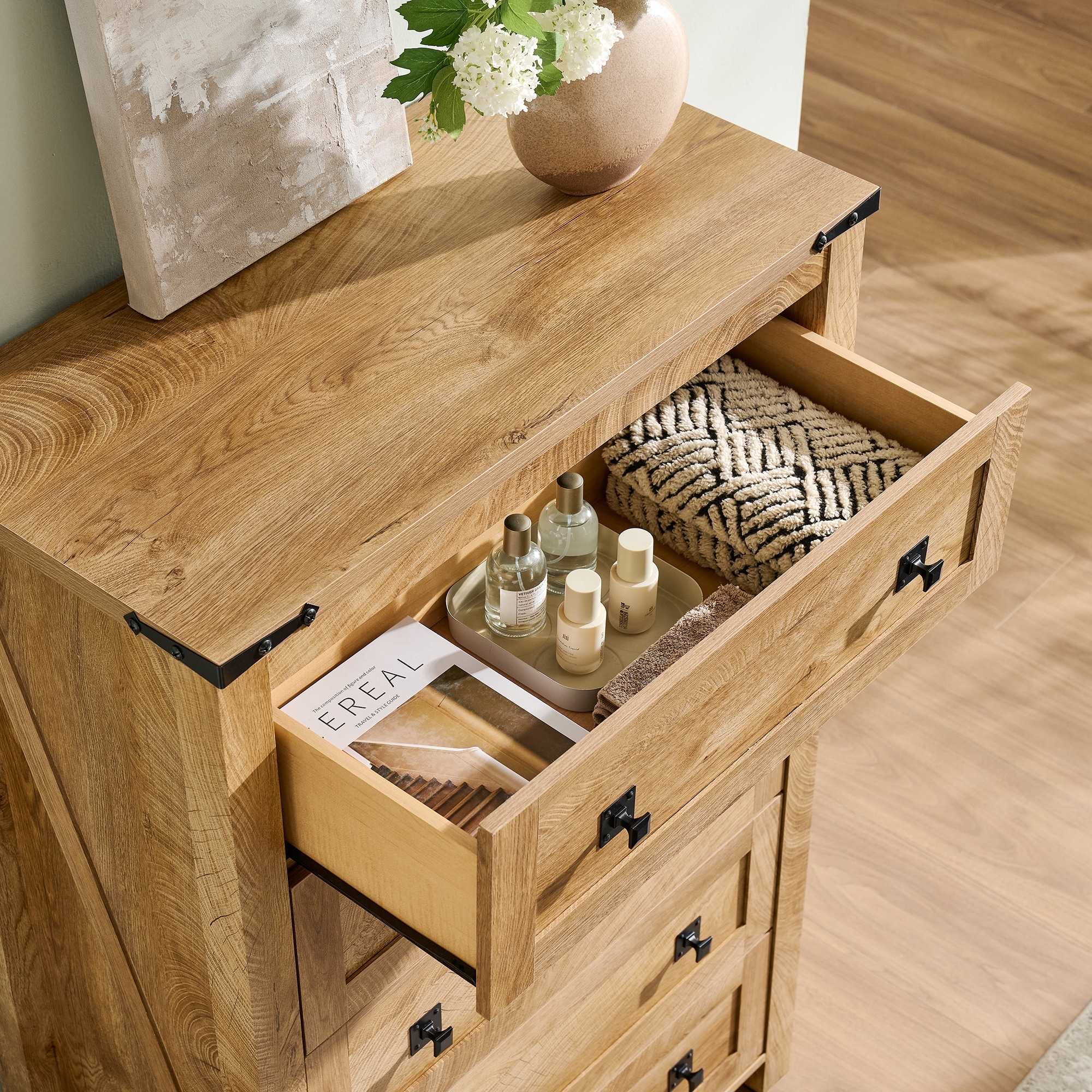 5 drawer wood dresser Five Walnut The top surface offers ample space for decorative items Hartsville Modern Pioneer Solid Wood