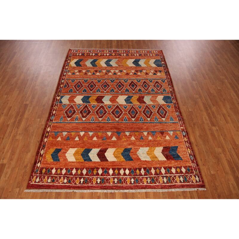 Orange Tribal Geometric Moroccan Rug Hand-Knotted Wool Carpet - 6'7" x 9'6"