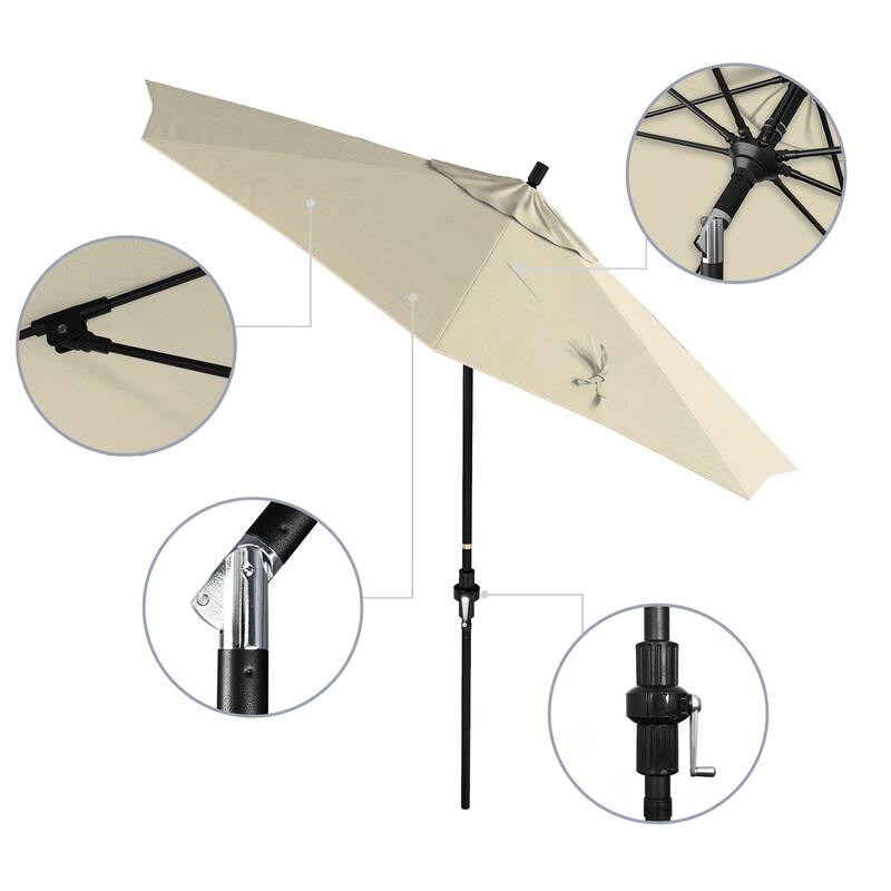 California Umbrella 9' Rd Patio Umbrella Black Aluminum Frame Fiberglass Ribs Crank Lift Collar Tilt, Pacifica Pacific Blue