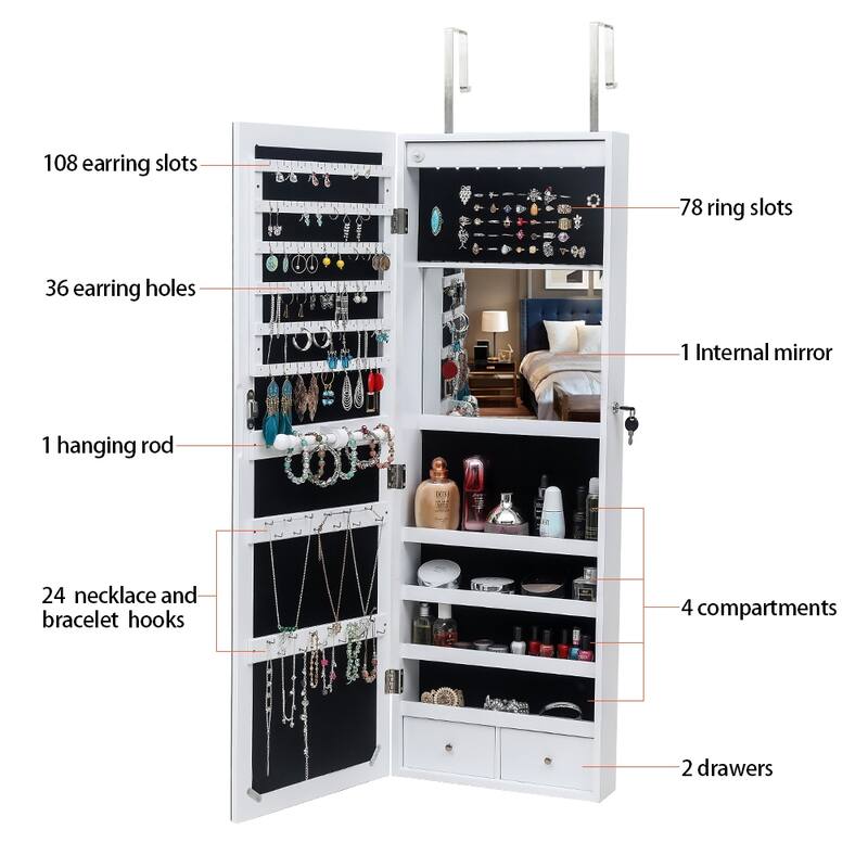 Full Mirror Wall Mounted White Jewelry Armoire Cabinet
