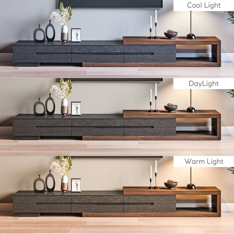 Modern Extendable TV Stand, Solid Wood Media Console for Up to 100 Inch TV with 3 Drawers, Fully-Assembled, Walnut Veneer
