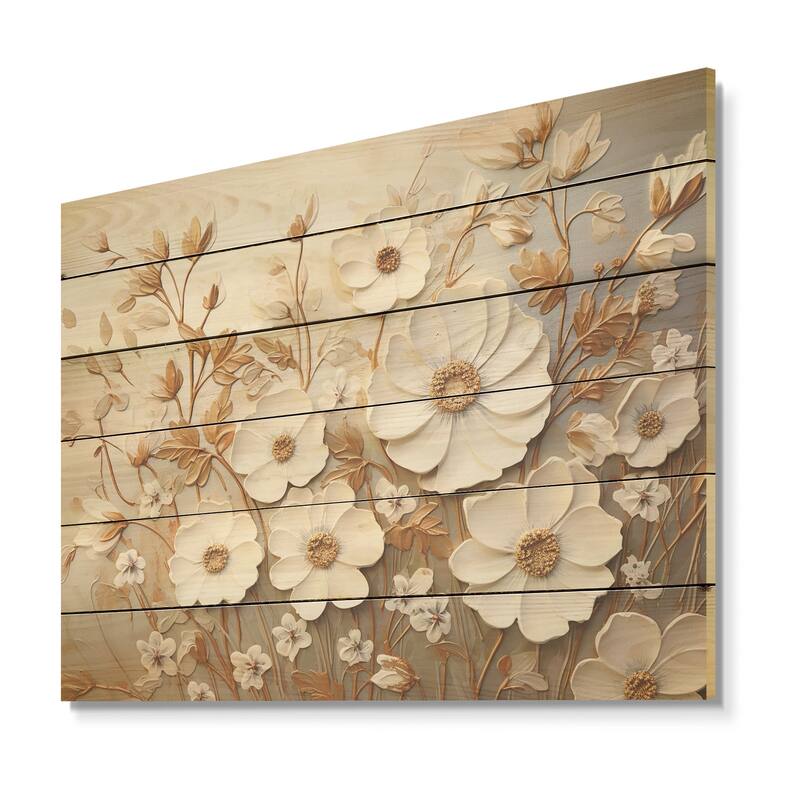 Designart "Elegant Minimalism Florals In Every Season I" Seasonal Flowers Beige Wood Panel On Natural Pine Wood