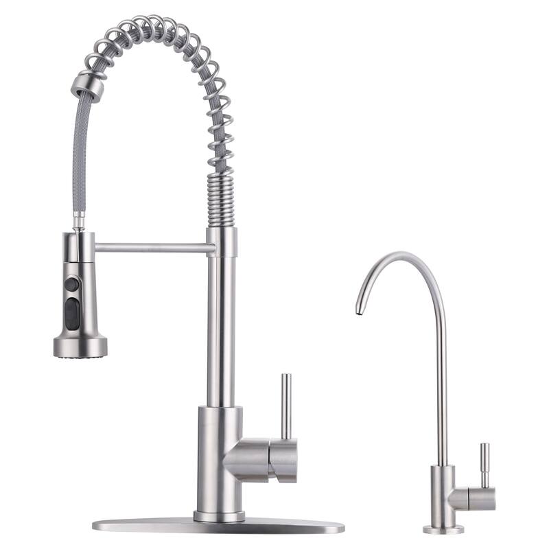 WOWOW Three Function Pull Down Kitchen Faucet with Drinking Water Faucet - Brushed Nickel