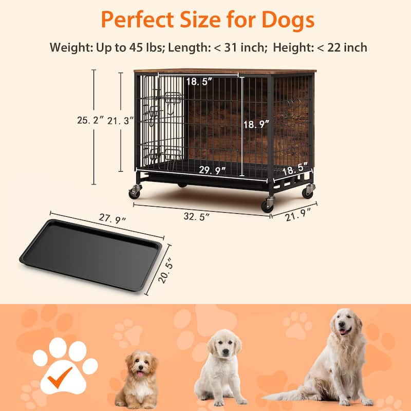 Dog Crate Furniture with Wheels, Indoor Kennel Table for Medium Dogs