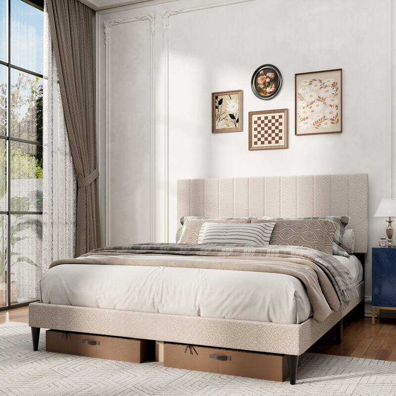 Queen Size Upholstered Platform Bed - Cream White