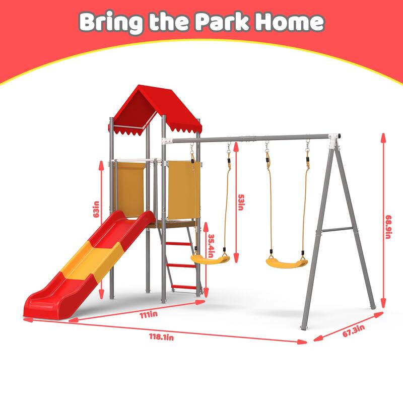 Metal and Plastic Treehouse Swing Set with Slide, Belt Swings, and Canopy Safe, Sturdy, and Portable for Kids Ages 3-8