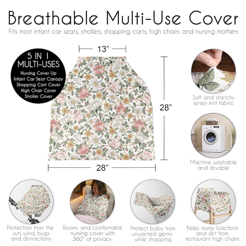 Sweet Jojo Designs Vintage Floral Boho Girl 5 in 1 Baby Car Seat Nursing Cover Pink Yellow Green Bohemian Shabby Chic Farmhouse