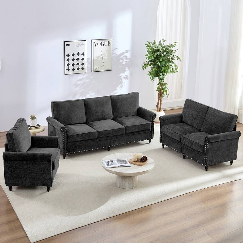 Mixoy 3Piece Chenille Living Room Sofa Set,Modern 3-Seater Sofa Couch&Loveseat Sofa&Single Sofa Armchair Set,Unique Riveted Look