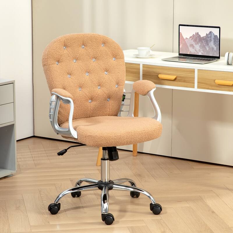 Teddy Fleece Home Office Chair, Upholstered Vanity Chair with Armrests, Swivel Rolling Chair with Back and Wheels - N/A