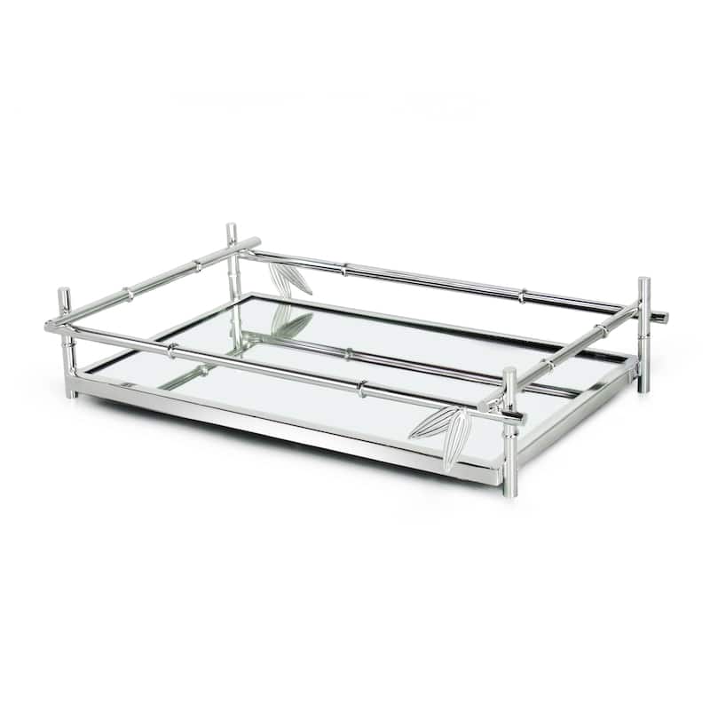 Silver Bamboo Style Rectangle Metal Mirror Decorative Tray Serving Platter