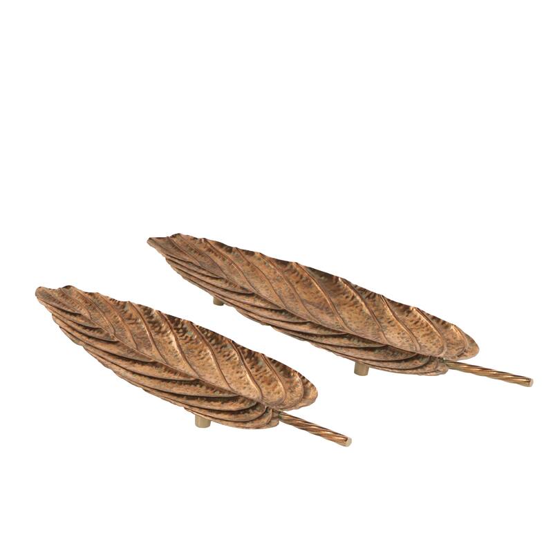 Copper Metal Textured Leaf Living Room Decor Tray with Patina Accents and Elevated Feet (Set of 2)