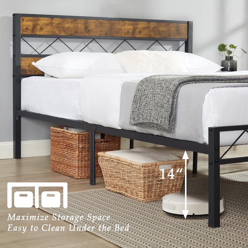 VECELO Retro Platform Bed Frame Wood Headboard, Twin/Full/Queen Size Beds