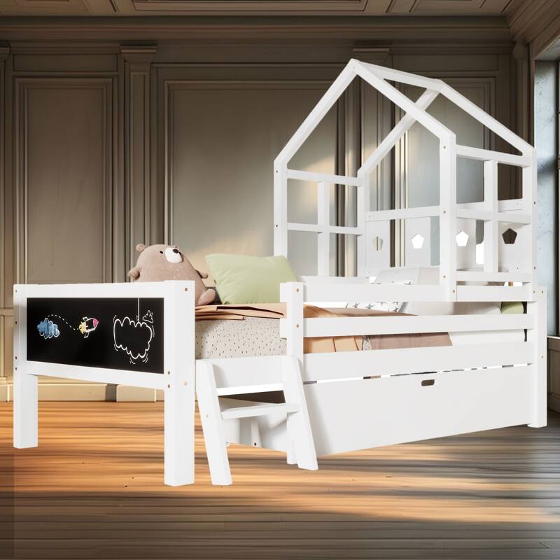 Twin Size House Bed with Ladder, Storage Drawer & Double-Sided Blackboard - No Box Spring Needed, Fun & Creative Design