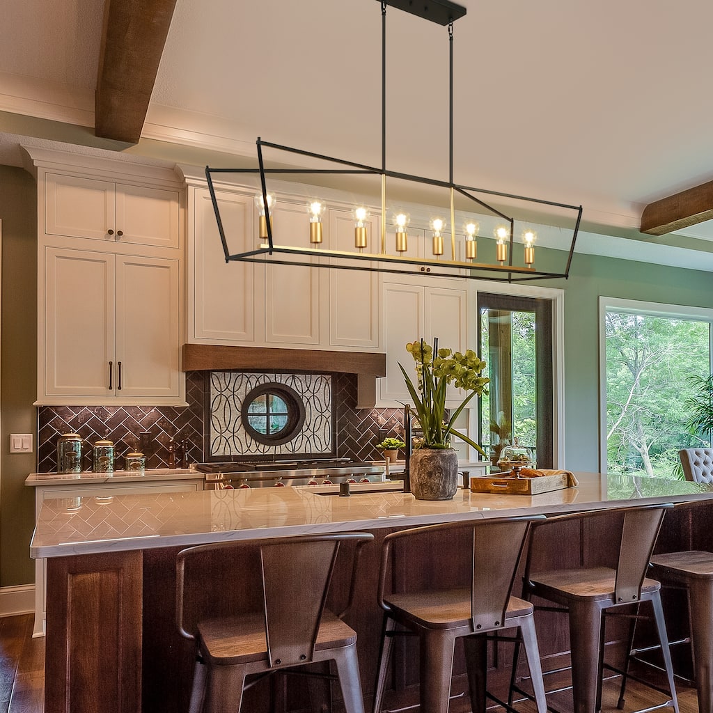 Modern Farmhouse 8-Light Geometric Chandelier Black Gold Kitchen Island Light - W 55.1" x D 14.5" x H 12.7"