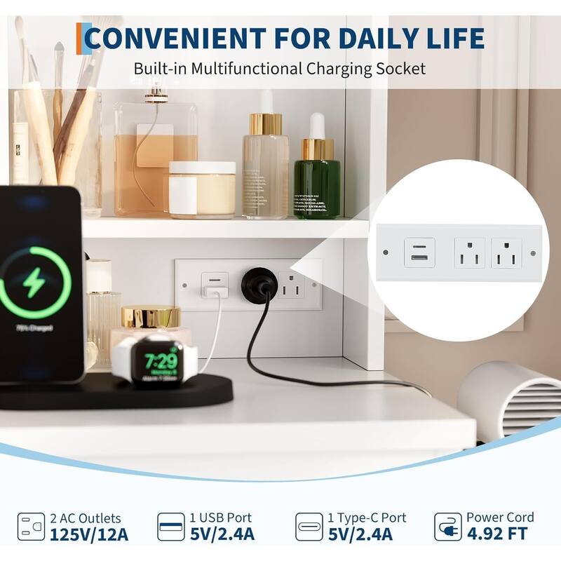 4 Drawers Vanity Desk with Power Outlet, Stool, Mirror and LED Light