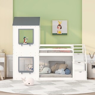 White Twin over Twin All-in-One Storage Bunk Bed Frame w/ Storage Stairs, Roof, Window, Ladder Creative Loft Bed for Kids, Teens
