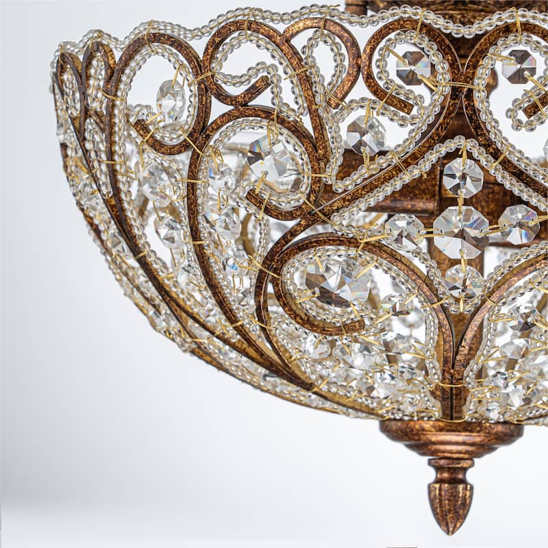 4-Light 14'' in. Glam Antique Bronze Crystal Semi Flush Mount - 14.2