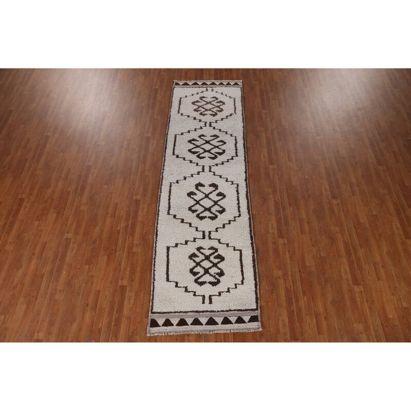 Natural Dye Beige Anatolian Runner Rug Hand-knotted Wool Carpet - 3'4"x 11'8"