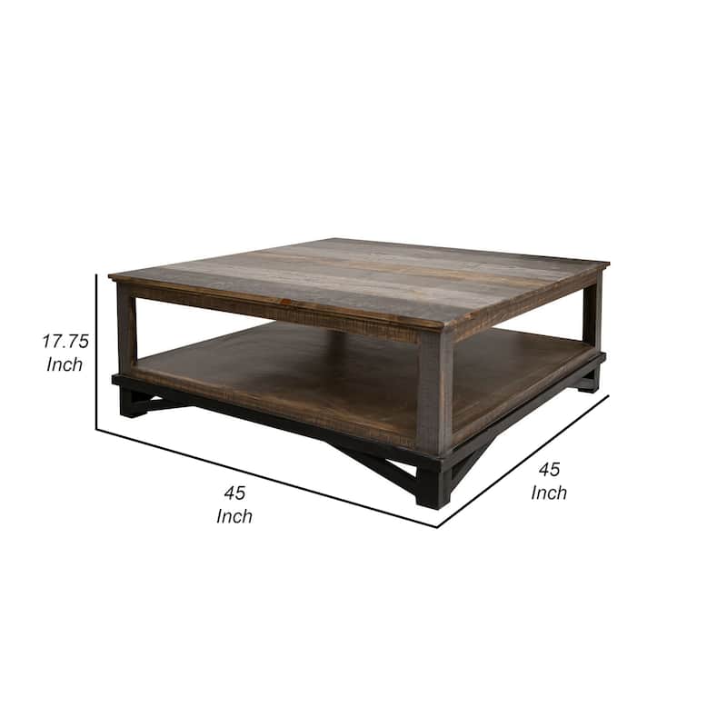 Pola 45 Inch Coffee Table, Square Lower Shelf, Transitional Gray Brown Wood