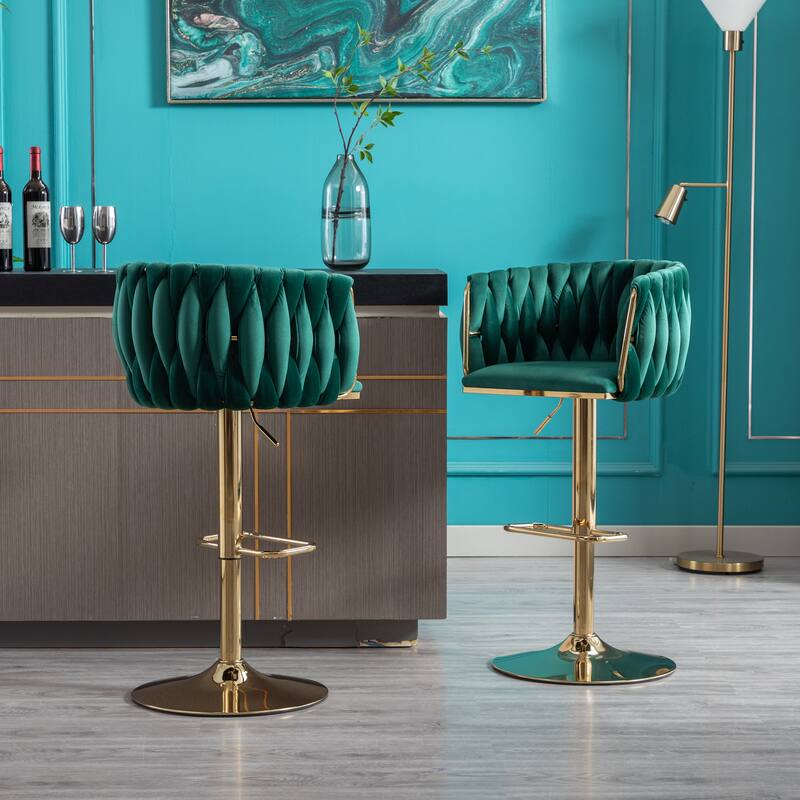 2 Velvet Bar Stools with Chrome Footrest and Base Swivel Height Adjustable - N/A