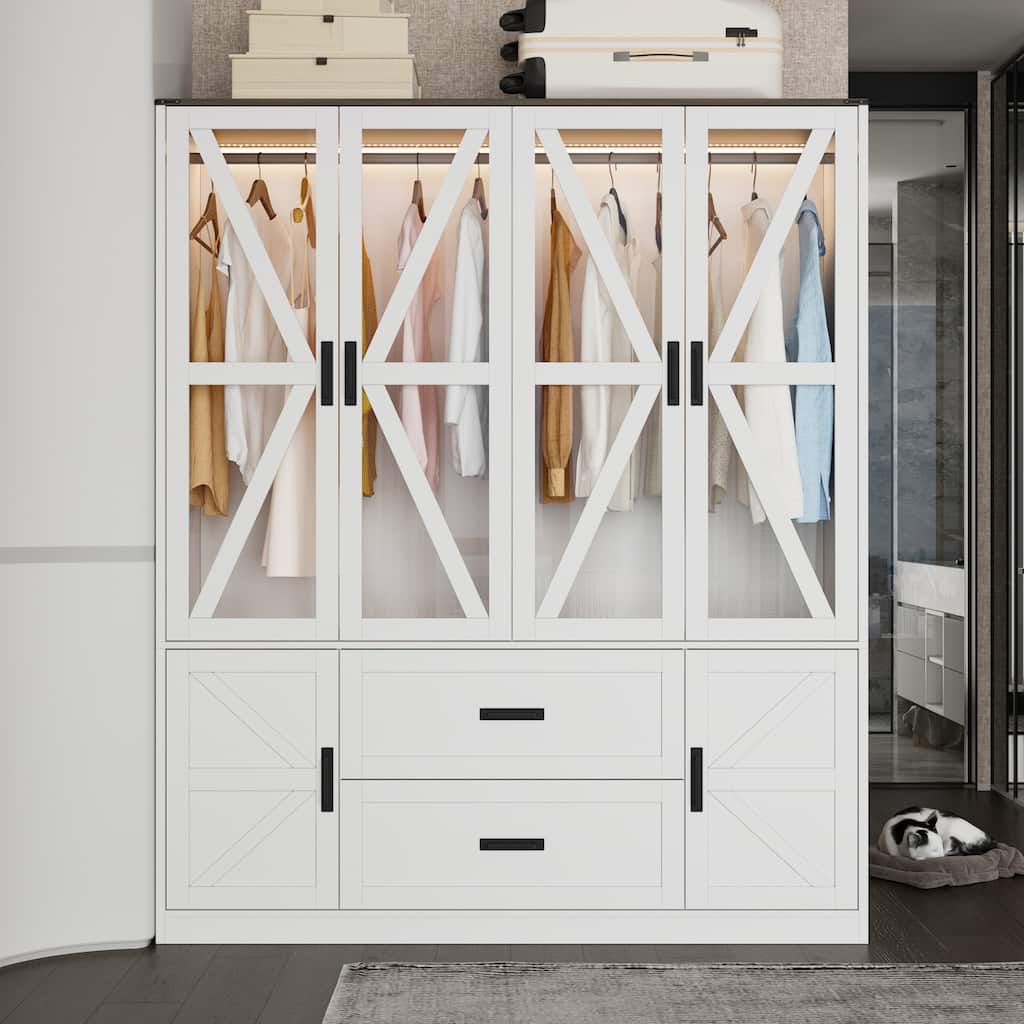 Wardrobe Closet with Glass Doors, 6 Cabinets, 2 Drawers & LED Hanging Rods Bedroom Armoire Storage Organizer