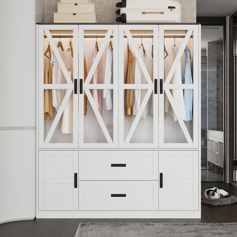Wardrobe Closet with Glass Doors, 6 Cabinets, 2 Drawers & LED Hanging Rods Bedroom Armoire Storage Organizer