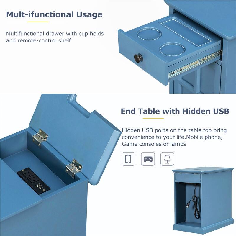 Multifunctional End Table with USB Ports and 1 Drawer with Cup Holders, Vintage Sofa Side Table Bedside Nightstand Narrow Table