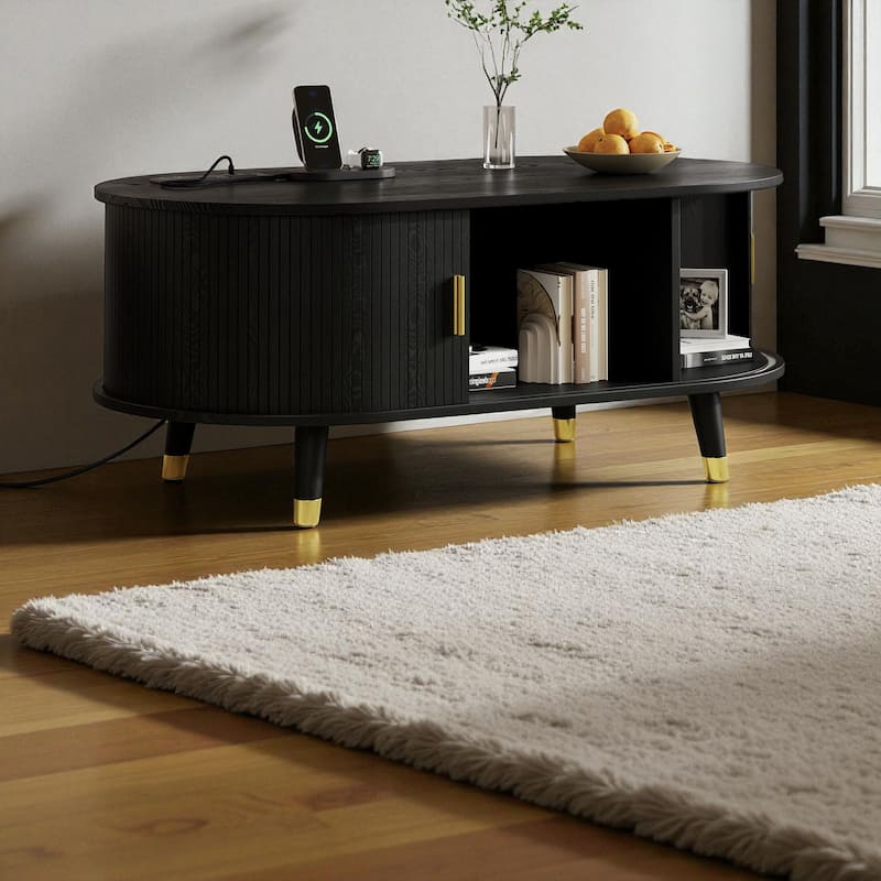 42.5'' Oval Fluted Coffee Table with Charging Station, Mid-Century Tambour Door Center Table with Solid Wood Legs