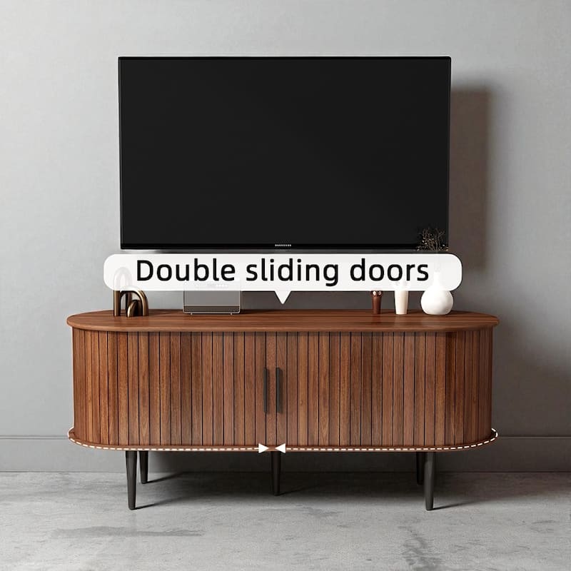 Walnut TV Stand 55"/47" with Sliding Door, Mid-Century Modern Entertainment Console Cabinet with Storage