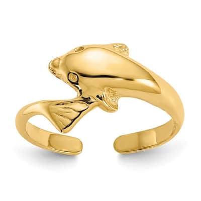 Curata Womens Adjustable Solid 14 karat Yellow Gold Dolphin Toe Ring