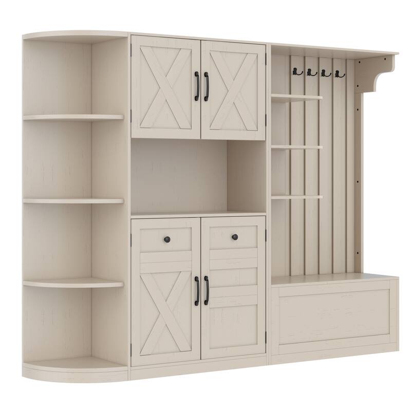 2-in-1 Hall Tree & Storage Cabinet for Living Room, Multifunctional Left-Right Combination Hall Cabinet with Bench and 4 Hooks