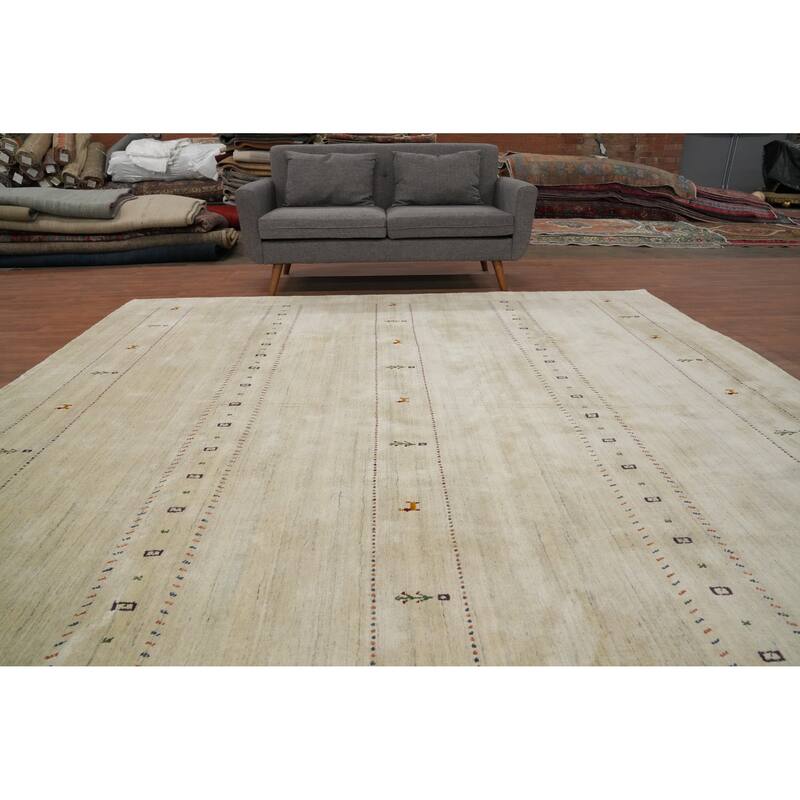 Hand Knotted Oriental 100% Wool Carpet Tribal Animal Pictorial Beige & Ivories Gabbeh Area Rug - 9' 11'' X 9' 10''