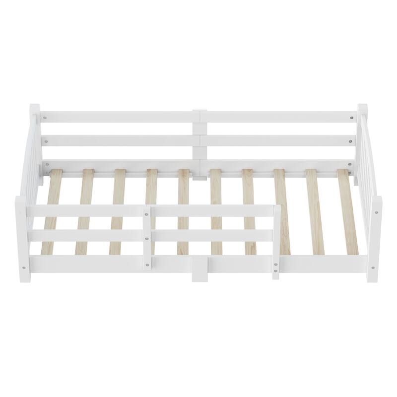 Montessori Solid Pine Floor Bed with Full-Length Safety Fence & Slatted Base by Harper&Bright Designs