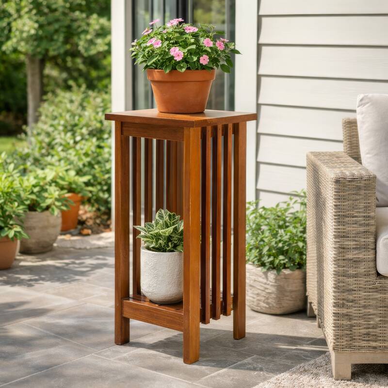 25 Inch Wooden Flower Stand with Slatted Sides and Bottom Shelf, Brown