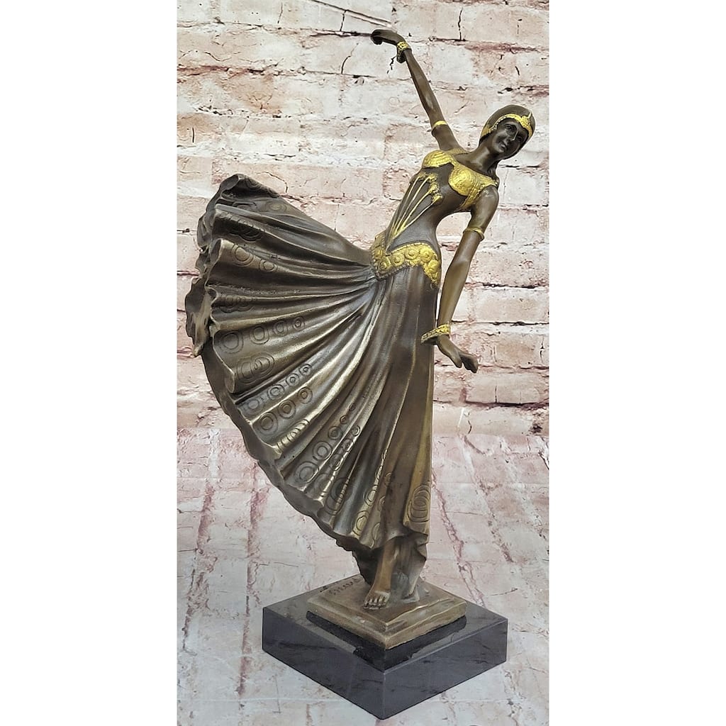 Chiparus Fan Dress Dancer Girl Art Deco Bronze Sculpture On Marble Base