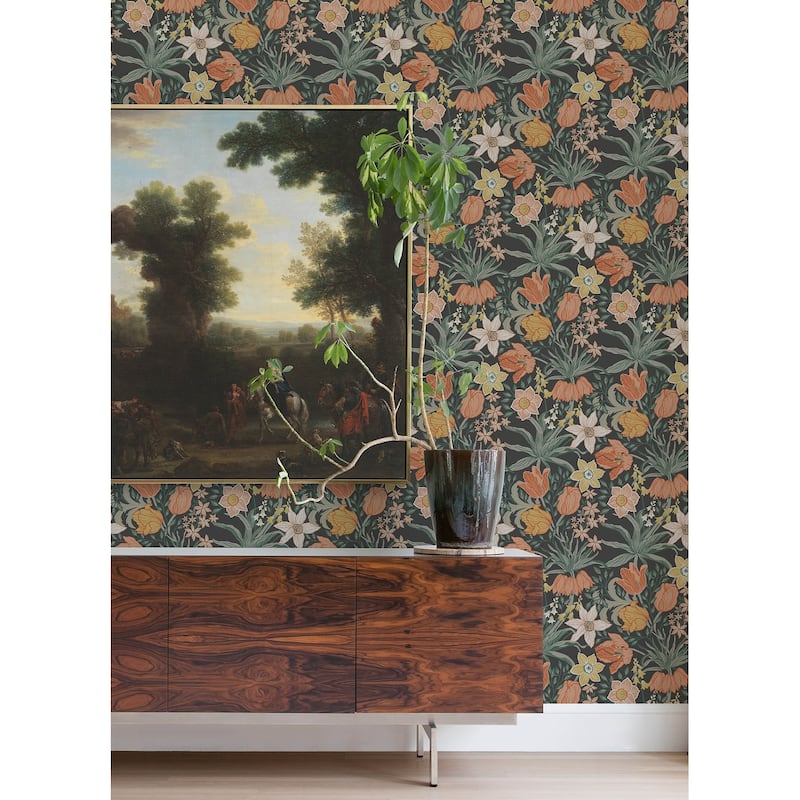 A-Street Prints Cecilia Black Tulip and Daffodil Wallpaper