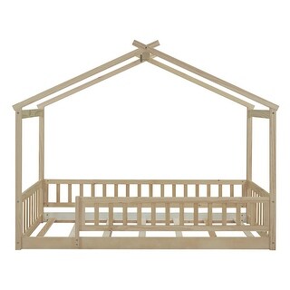 Twin Size Wood Bed House Bed Frame with Roof Fence and Guardrail, Gray