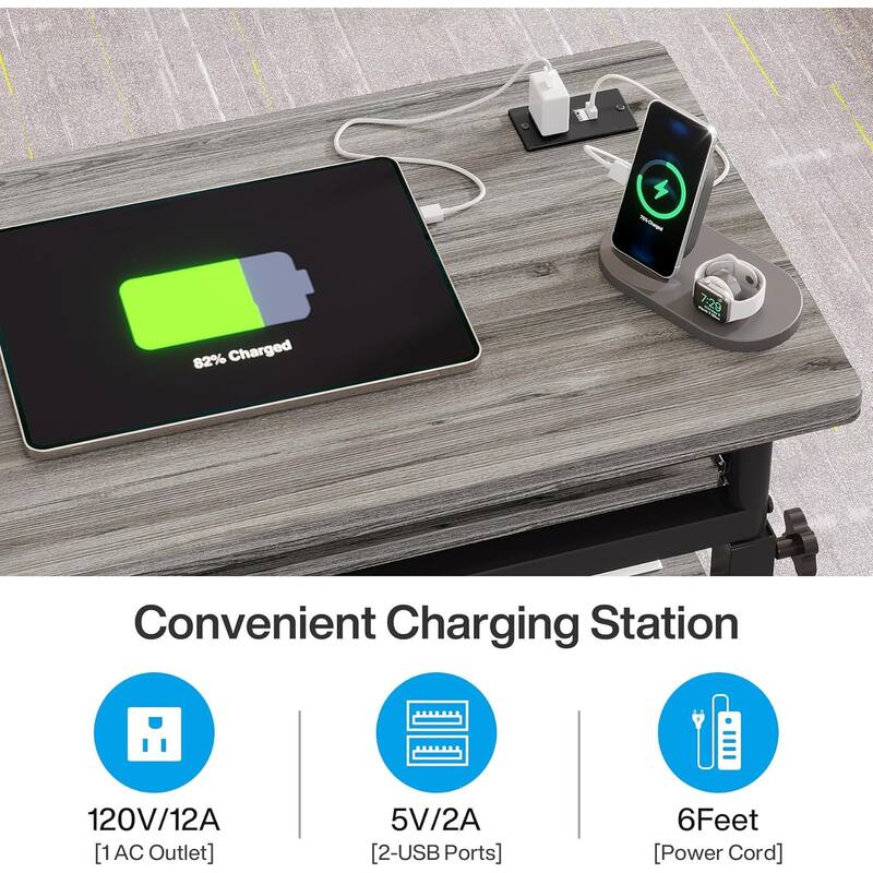 28"-39.3" Height Adjustable Portable Desk with Power Outlet & USB Ports -Grey