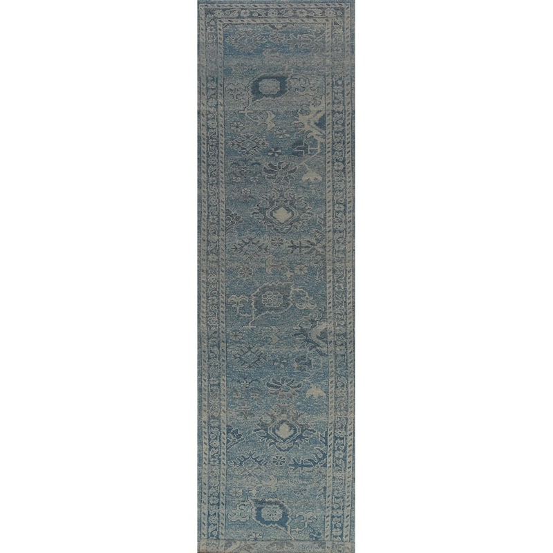 Hand Knotted Oriental 100% Wool Carpet Transitional Floral Navy Blue & Blues Oushak Runner Rug - 17' 4'' X 3' 1''