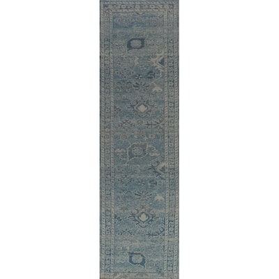 Hand Knotted Oriental 100% Wool Carpet Transitional Floral Navy Blue & Blues Oushak Runner Rug - 17' 4'' X 3' 1''