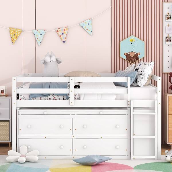 slide 2 of 12, Full Wood Loft Bed Frame with Retractable Desk, 4Drawers,Shelves,White White - Full