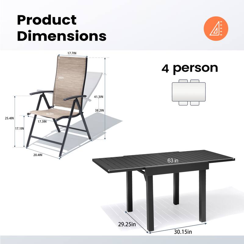 Outdoor Extendable Patio Dining Table with Durable Adjustable Reclining Folding Chair